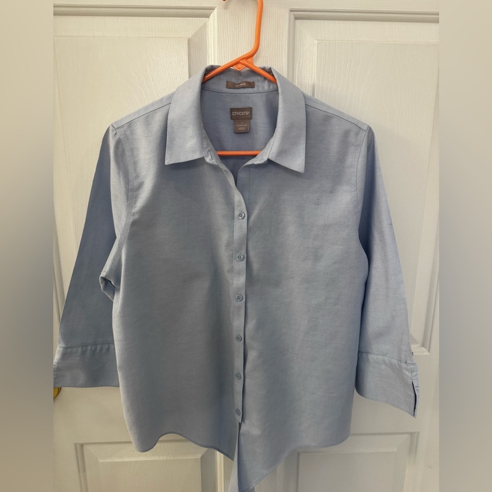 Chico’s Tie Front No Iron Button Down, 3/5 sleeve, Shirt-Size 1, Blue